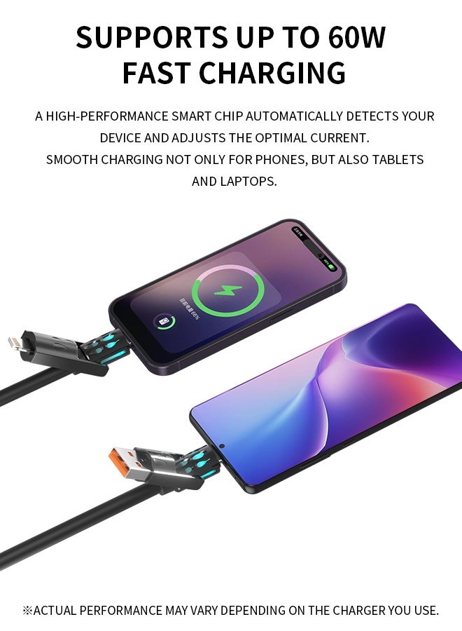 وابيك كابل شحن سريع 4 في 1 من علامة كورية، قوة 60 واط، USB-A و Type-C إلى Type-C / Lightning، سيليكون سائل، نقل بيانات 480Mbps، أسود - Image 5